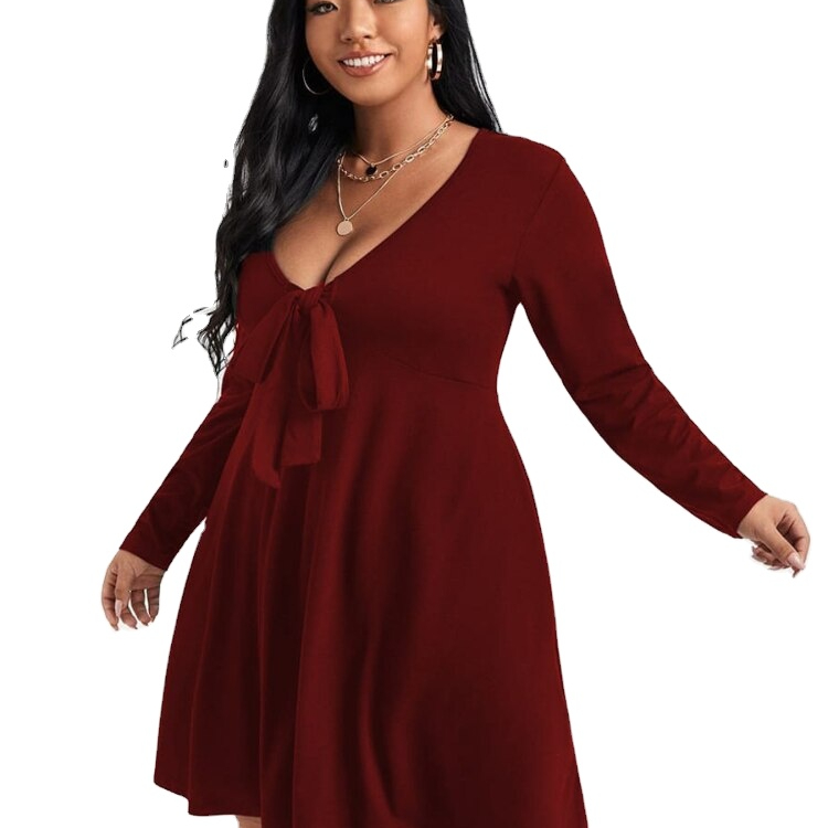 Fashion Deep V Long Sleeve Plus Size Dress Sexy Bow Lace Up Slim Party Mini Dress Casual Women's Clothing Ladies In Offers 4xl