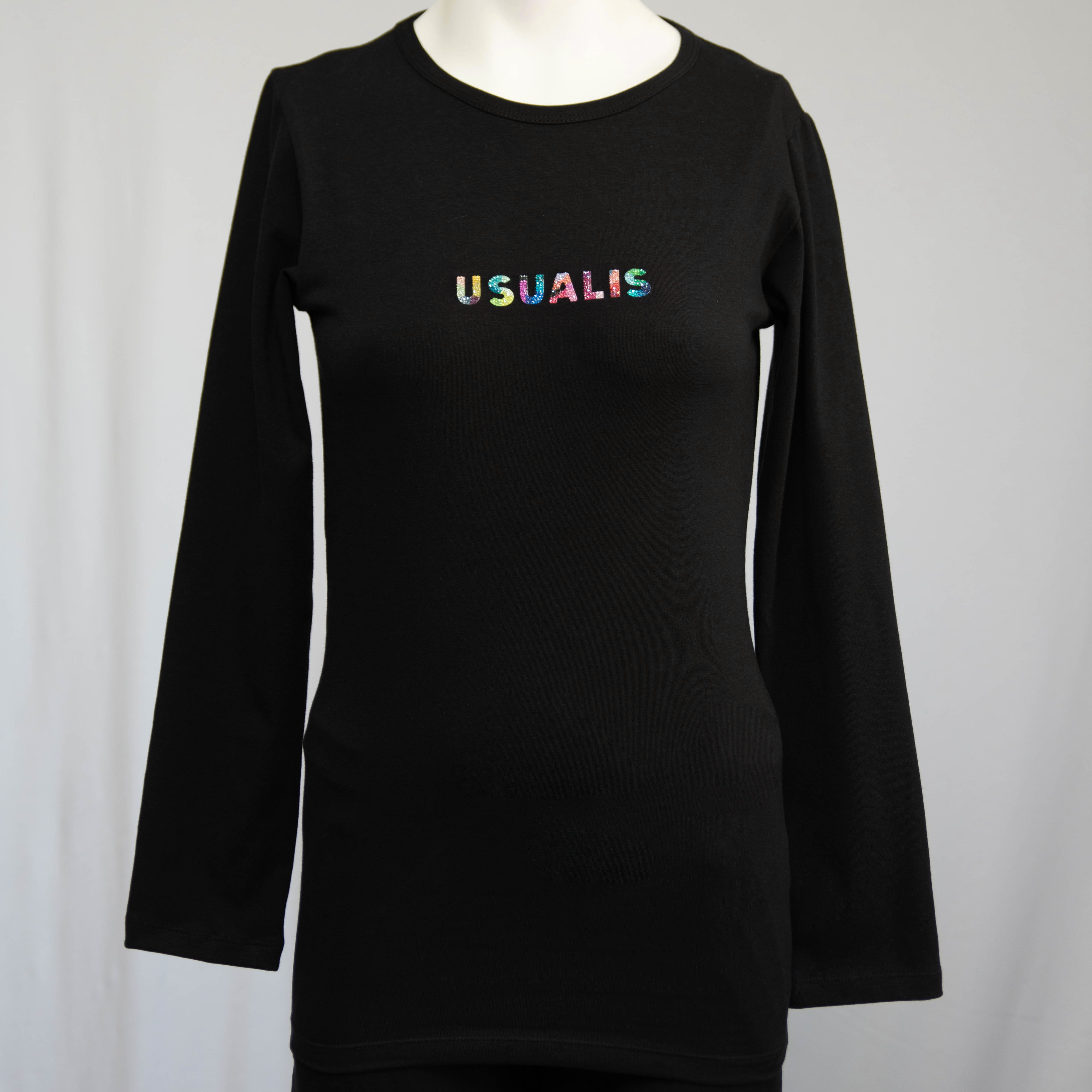 Long Sleeve Tshirt Woman Fall Winter 2023 Black Logo Strass Gemstone Cotton Elastam Made In Italy