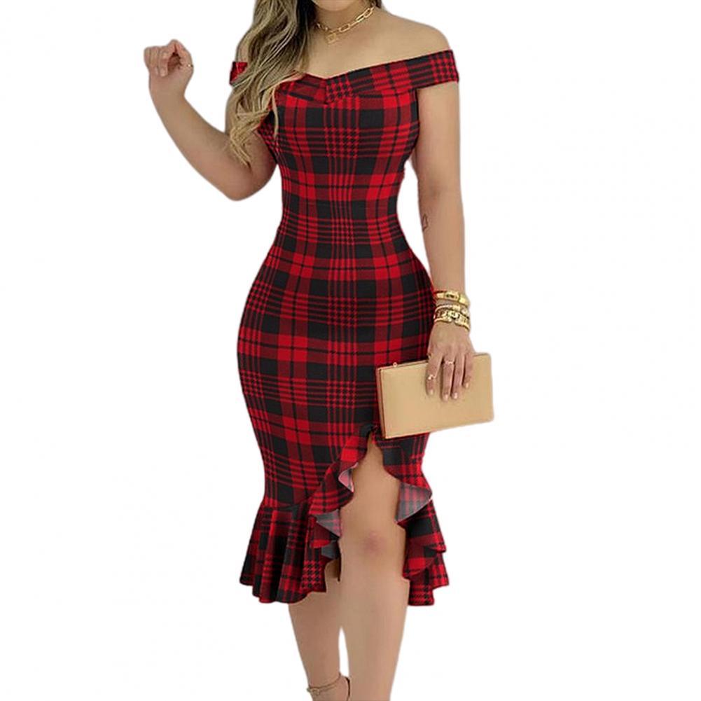 Formal Dress Women Sexy Dresses Off Shoulder Split Ruffle Solid Color Plaid Party Bodycon Knee-length Dress