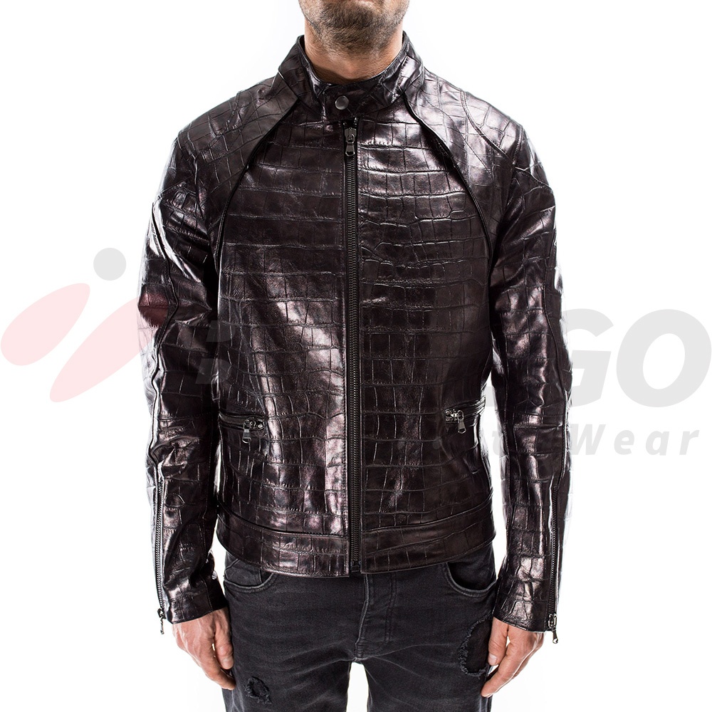 Men's Crocodile Leather Jacket New Biker Style Croc Print Embossed Jacket 