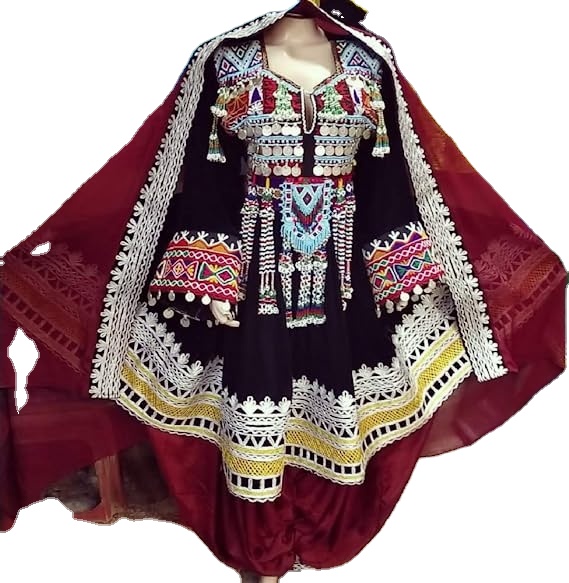 Afghan Kuchi Handmade Traditional Embroidered Coin Women Afghani Velvet Tribal Party &amp; Wedding Dress Medium Size Dark Brown 