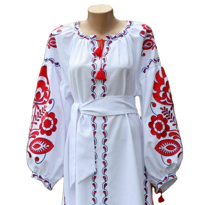 Floral Designer Fashion Embroidered Ukrainian Dress Long Puff Sleeve V-neck Gypsy Party Wear Dresses