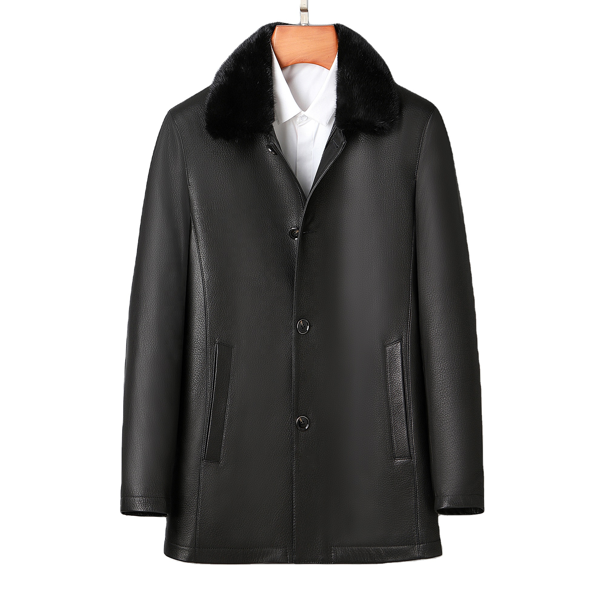 Winter Fashion mens Warm Goat Skin genuine Leather Business Jacket Detachable Fur collar fur Lined Jacket fur coat Outwear