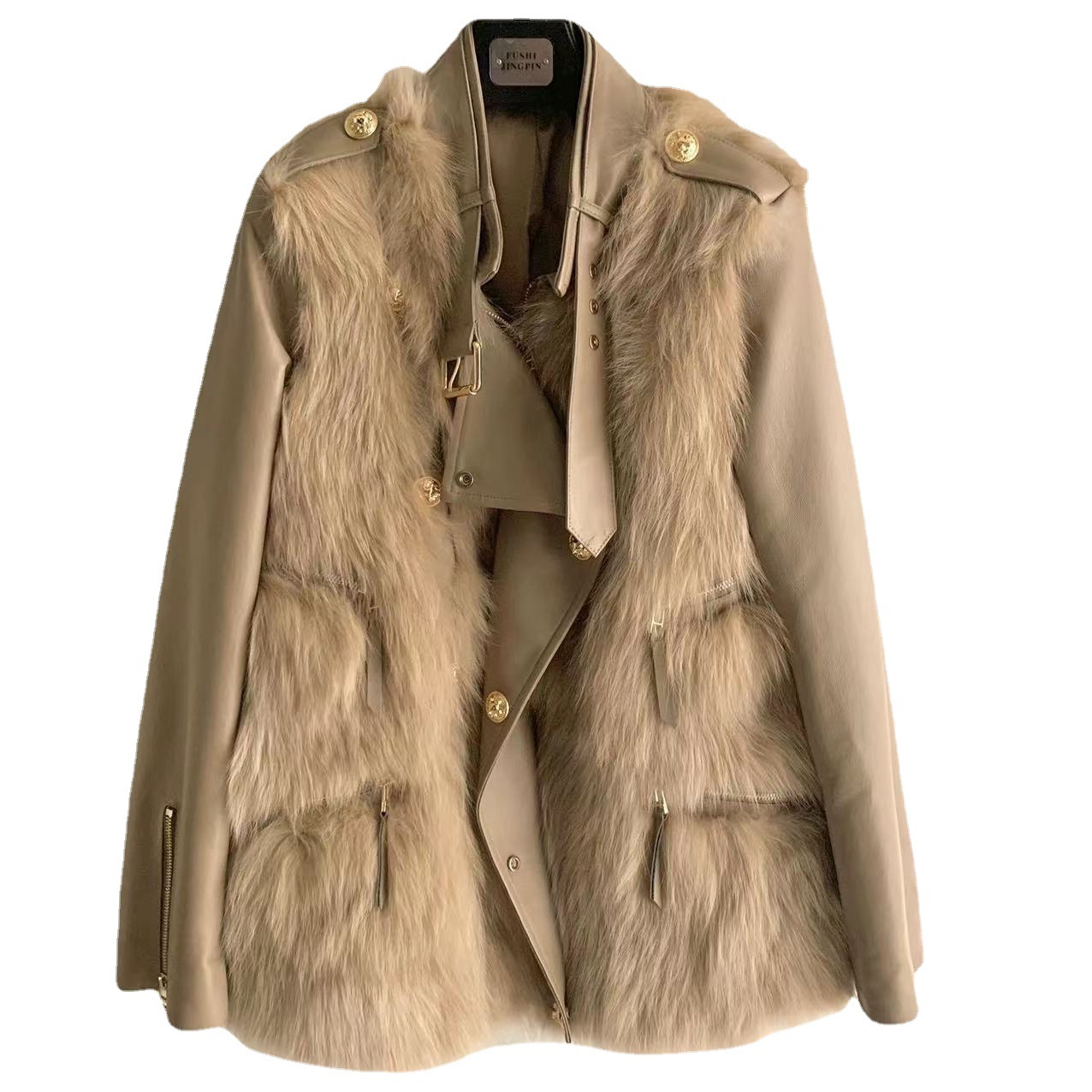 2023 Lady's Trendy Slim Khaki Color Early Spring Outdoor Wear Natural Fox Fur Splicing Sheep Skin Jacket Coat Women 