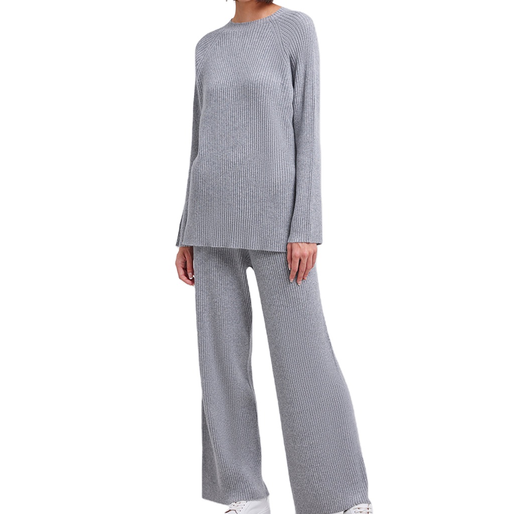 luxury wool cashmere flat knit suit design 2 two piece rib sweater loungewear lounge jogger set tracksuit for women