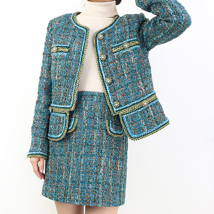 Factory Price Heavy Woven Women's Jacket Set High-waisted Tweed Two-piece Women Set 