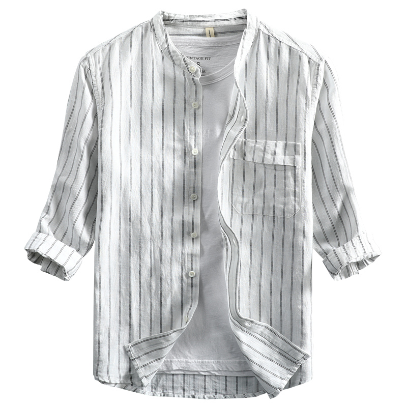 Summer Men's Casual Linen Shirt Seven-point Sleeve Stripe Stand Collar Thin Chinese Style Yarn-dyed Cotton And Linen Youth Shirt 