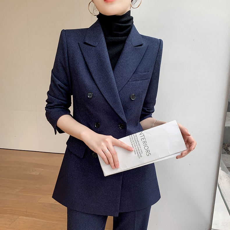 2023 Women Office Woolen cloth Formal suit Double-breasted Blue Two piece set Pant suit