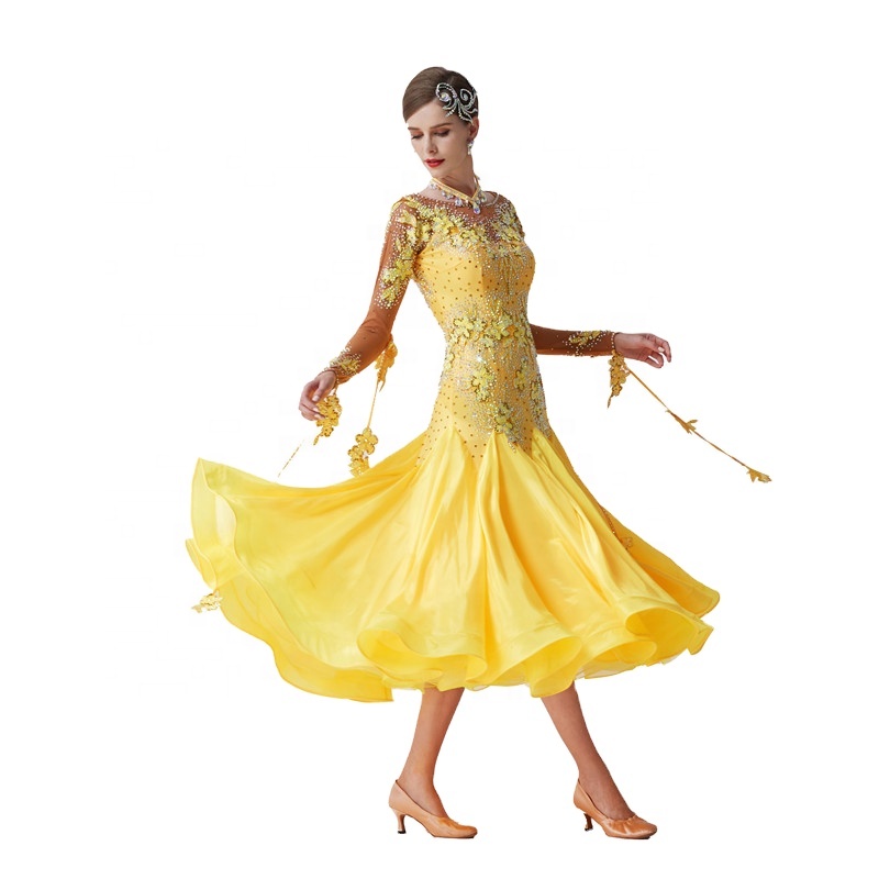 B-19543 Custom High Quality Ballroom Party Dress High-end Yellow Long Waltz Dance Dress Smooth Modern Dress For Competition 
