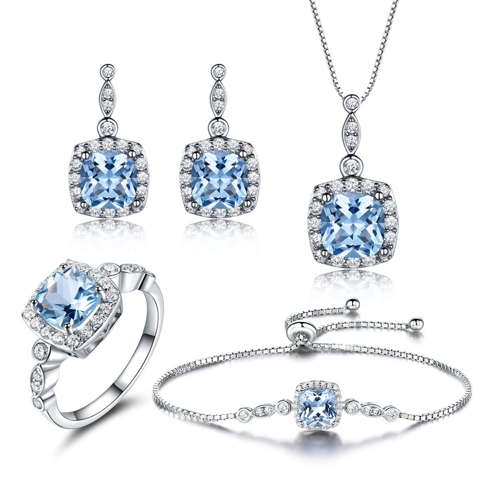 Fine gemstone Jewelry 4pcs Set 925 Sterling Silver Cushion Cut topaz sapphire Necklace/Earrings/Ring/Bracelet Sets