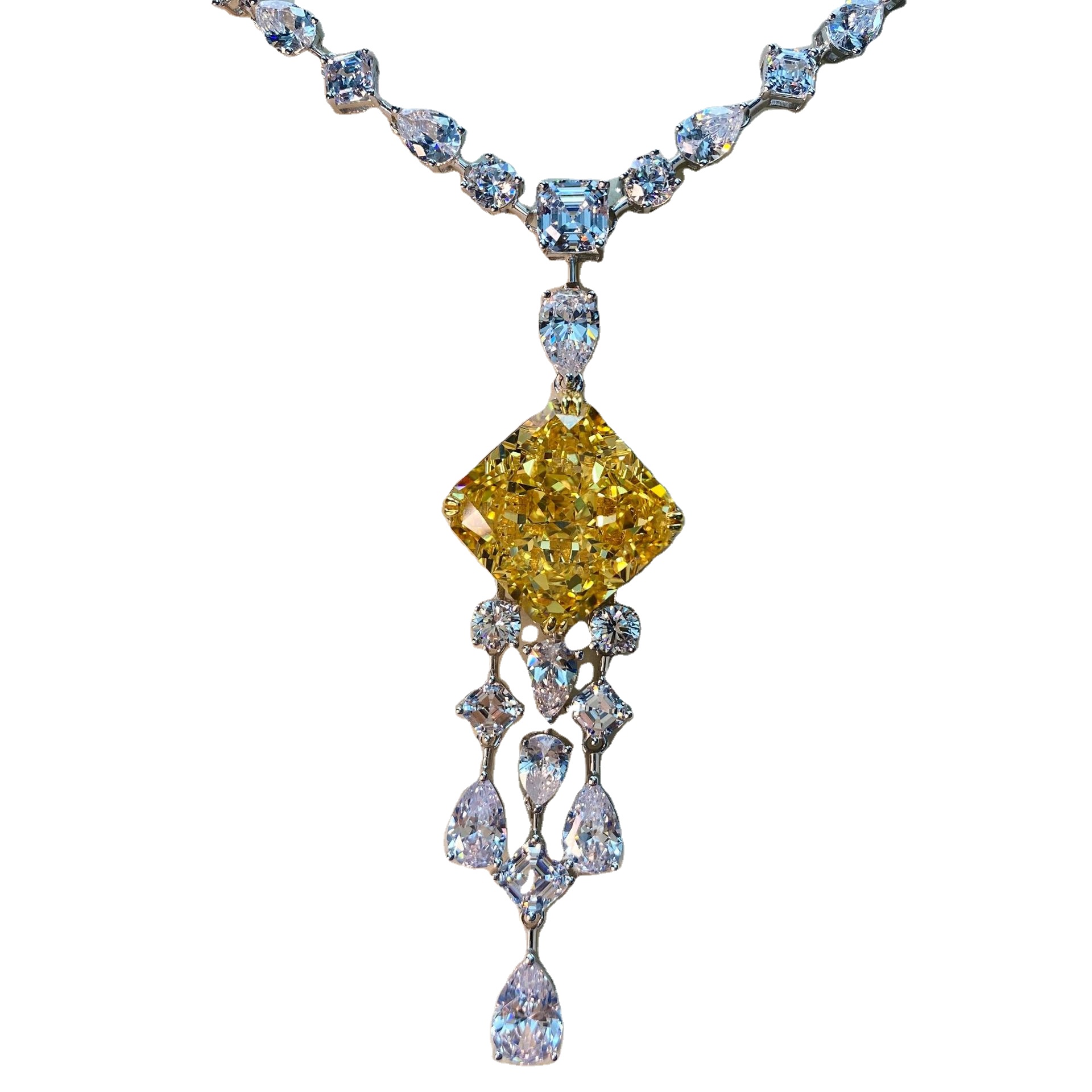 New Sterling Silver Luxury Inlaid Yellow Large Diamond Women's Sweater Long Ethnic Wind Flower Necklace 