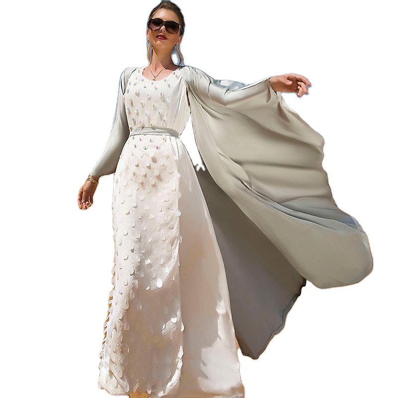 2022 Ethnic Clothing New Hand-stitched Silver Grey Two-piece Set Of Middle East Dubai Foreign Trade Women's Wear Luxury Abaya 