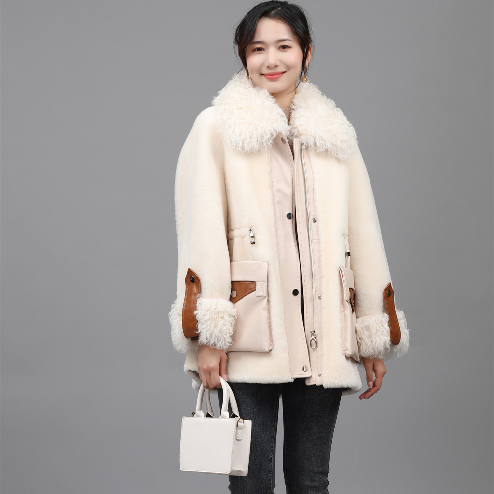 European Style Winter Women Long Sheep Skin Big Fur Collar Casual Warm Genuine Sheep Fur Coat For Lady 