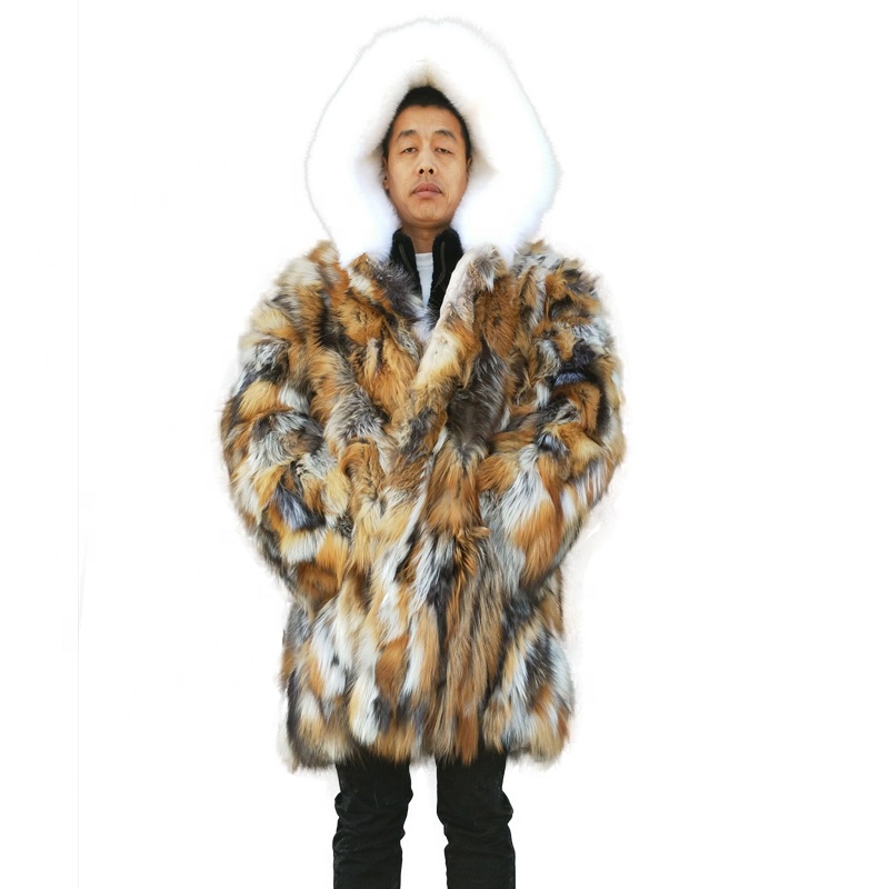 New Winter Design Mens Fur Over Coat Double Side Fur Hooded 90 Cm Long Thick Fluffy Patchwork Natural Fox Fur Coat For Men 