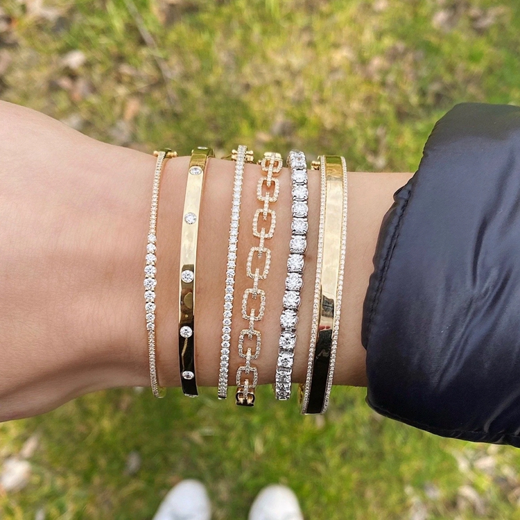 Luxury Famous Brand Designers Jewelry Lab Grown Diamond Bangle 14k Yellow Gold Diamond Inlay Bracelet For Women