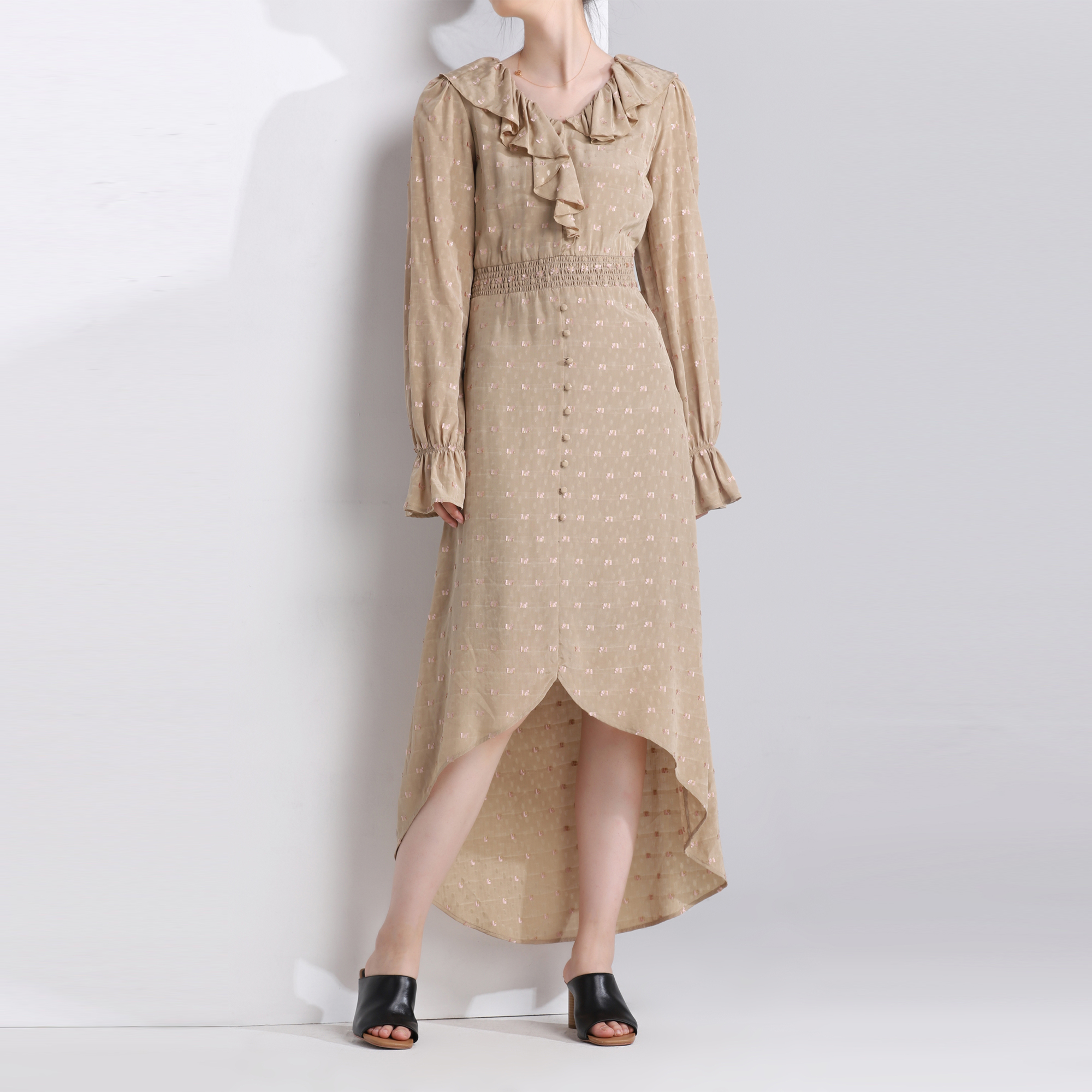 High Quality Women Clothing Printed Custom Dress V-Neck Flouncing Midi Dress With Button