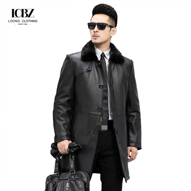 Wholesale Fur Men's Genuine Leather Coat Men's Leather Goatskin Mid-length Mink Fur Coat Jacket