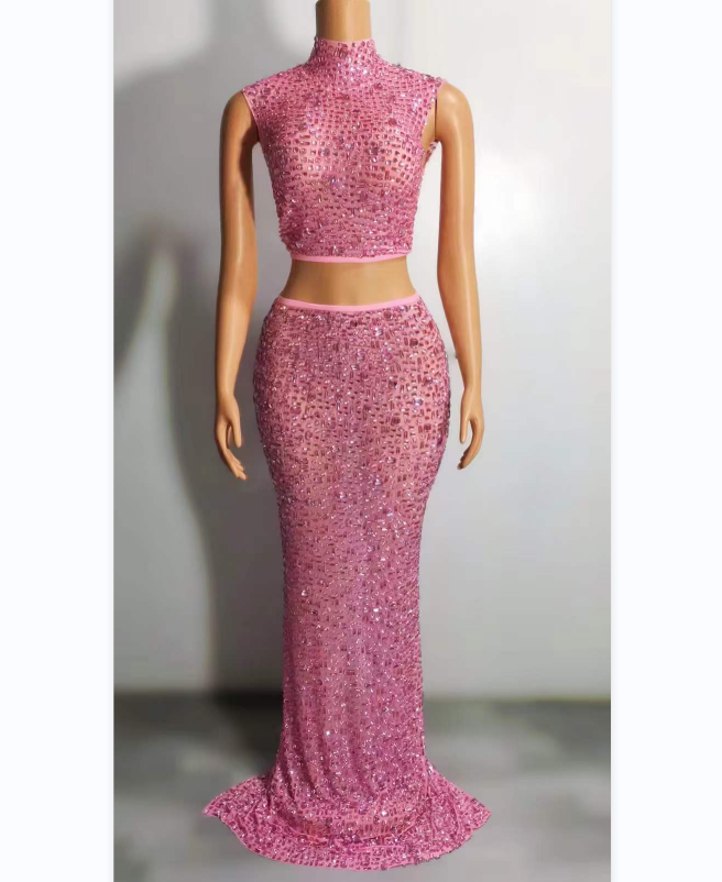 Ocstrade New Product 2023 Popular Sparkly Diamond Crop Top Women Midi Skirt Set Elegant Pink Skirt And Top Set For Women