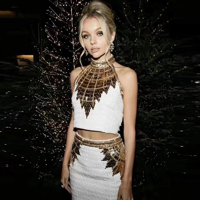 Amigogarment A7691 Western Style Sleeveless Two Pieces Suits Beaded Plus Size White Ladies Party Two Pieces Suits 