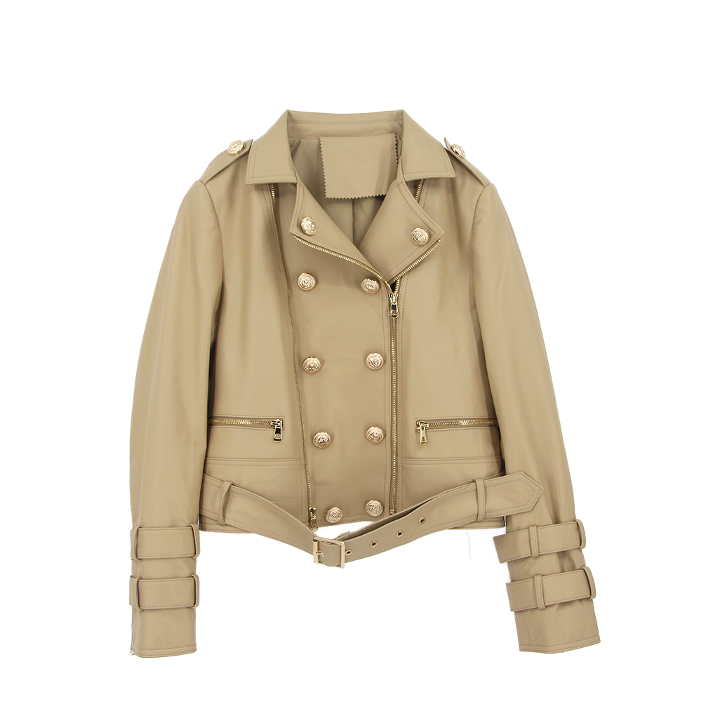 Qiuchen Qc21137 New European Style Women Fashion Sheepskin Cropped Genuine Leather Jacket Zipper Button Coat 