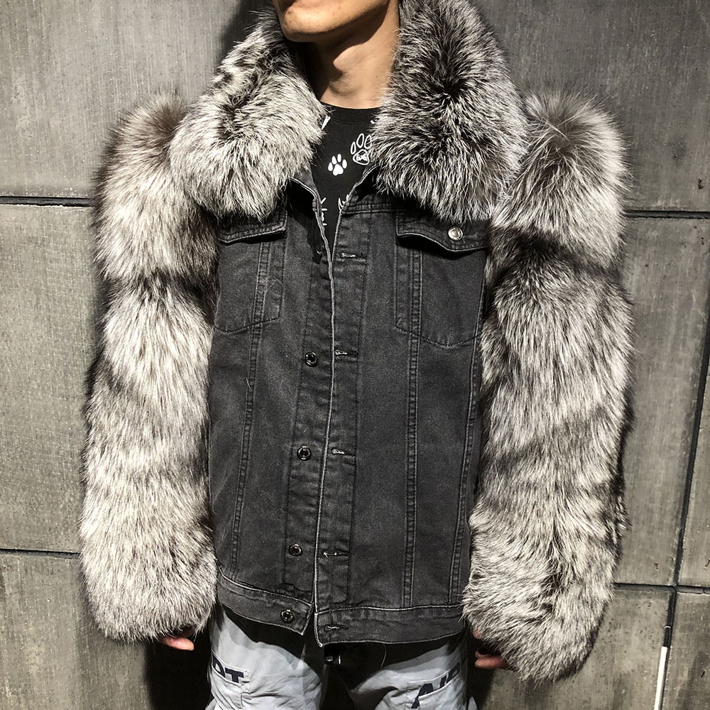 Men's Fur New Design Denim Jacket With Fur Men Fox Fur Sleeve Men's Coats 