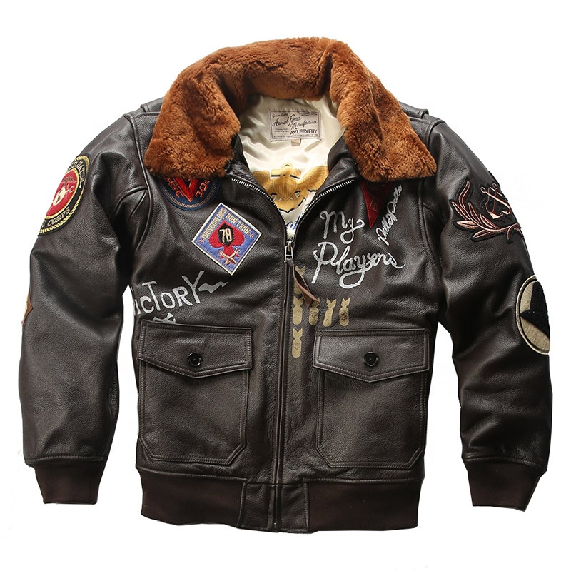 Embroidered standard G1 bomber flight suit genuine leather cotton jacket men's casual top layer cowhide clothing