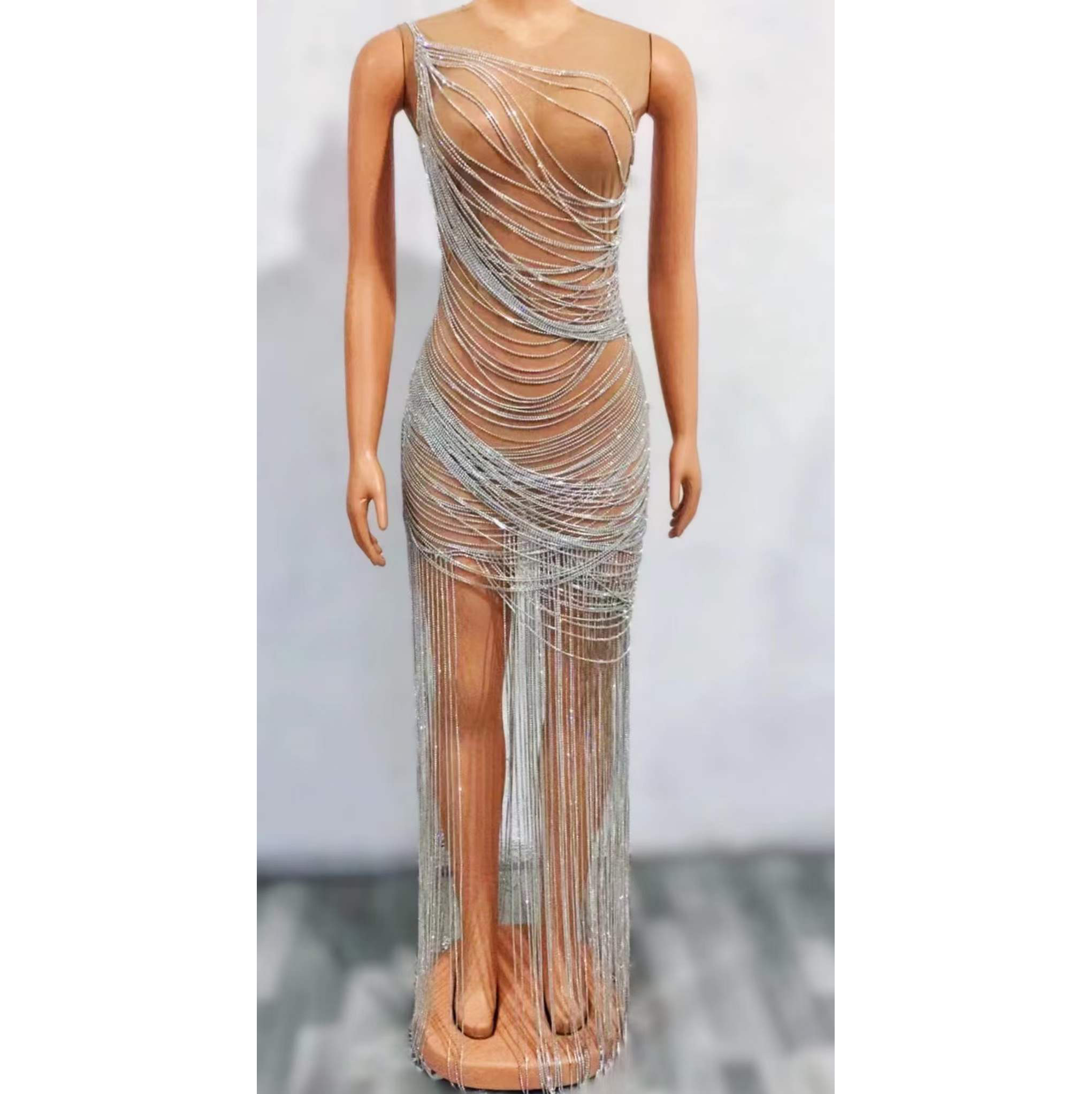 2022 New Arrivals Luxury Rhinestone Tassel Dress Performance Wear Summer Sleeveless Women Sexy Dress 