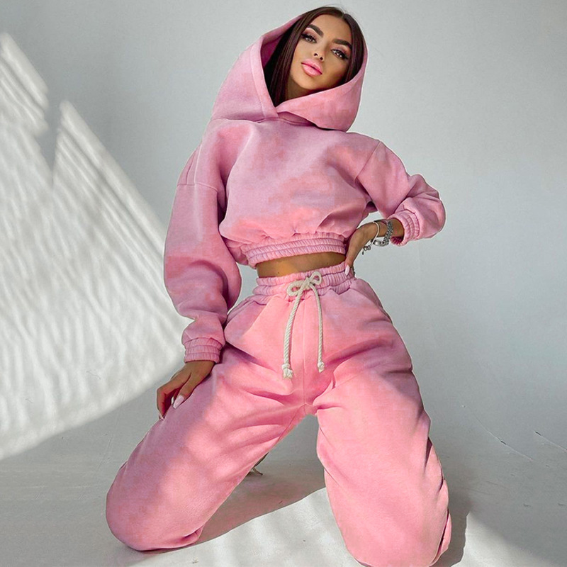 2023 Fall Clothes Long Sleeve Short Style Hoodie With Jogger Woman Fleece Thick Cotton Sweatsuit Set For Woman 