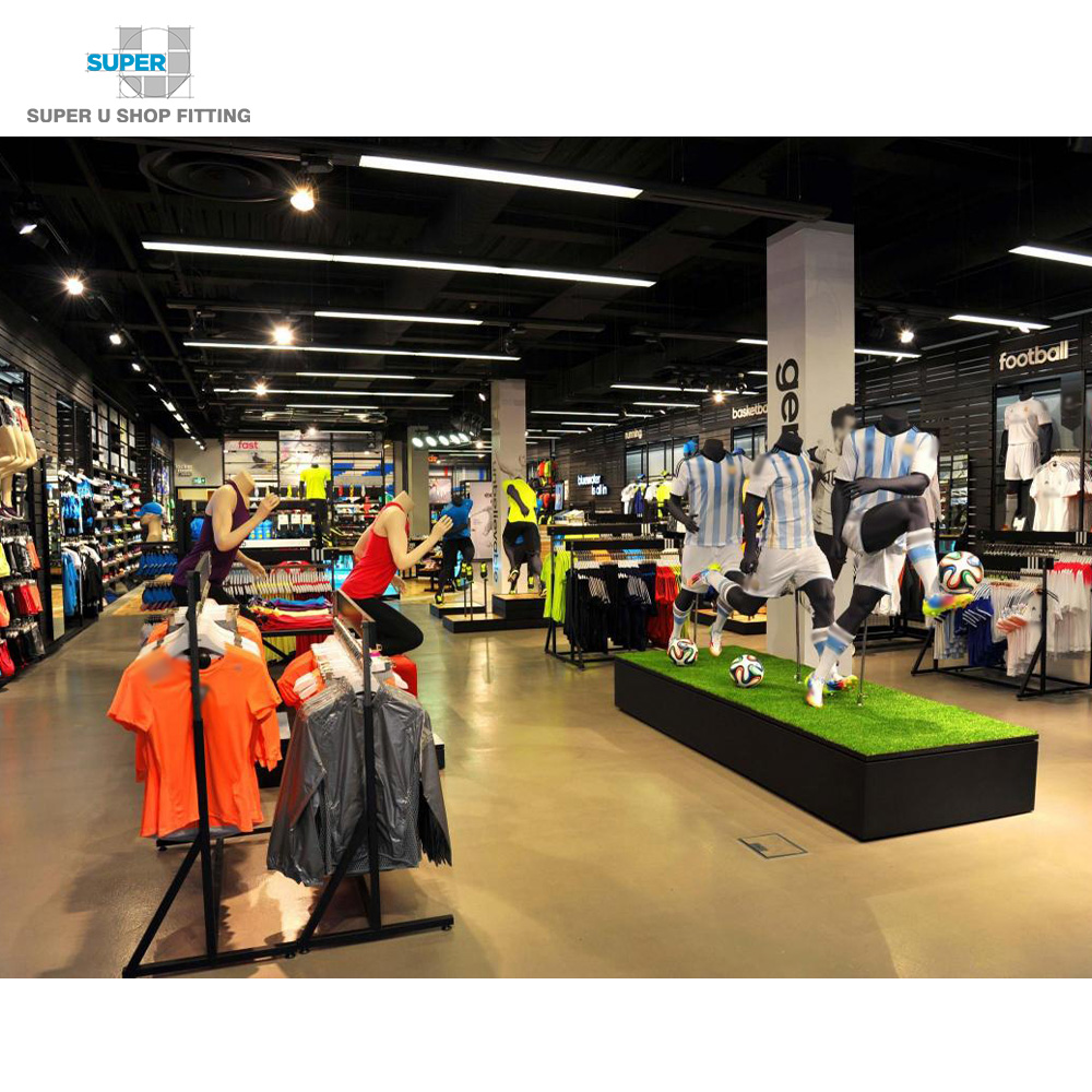 Custom Sport Soccer Shop Display Stand Wholesale Commercial Metal Gondola Football Suit Sporting Goods Store 