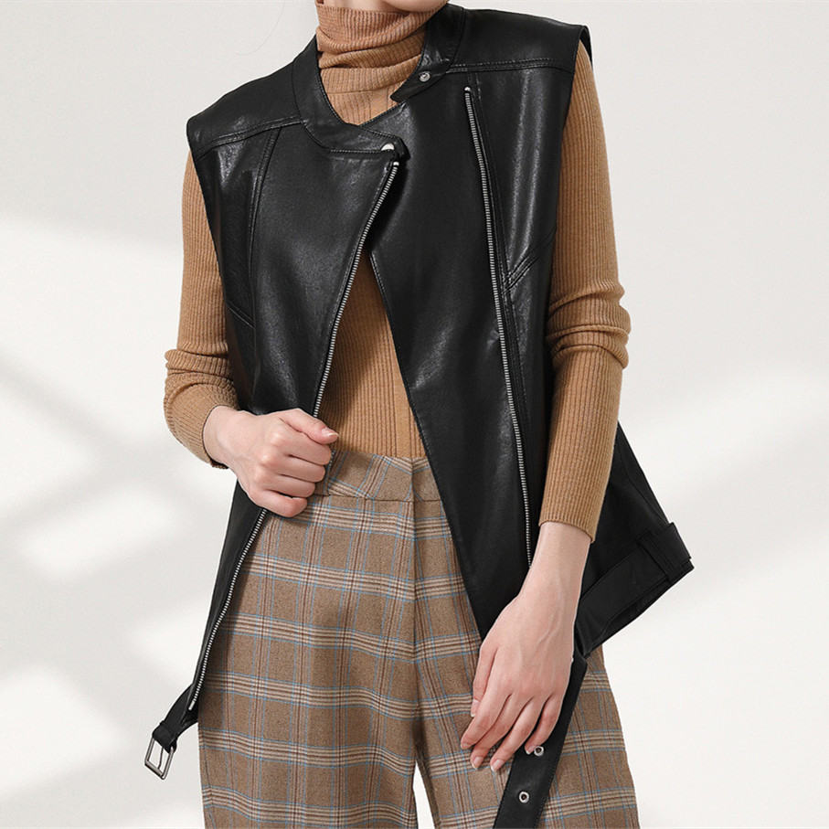 Sheepskin Vest Women Casual European Style Solid Color Black Zipper Coat Cool Girl's Round Neck Waistcoat 