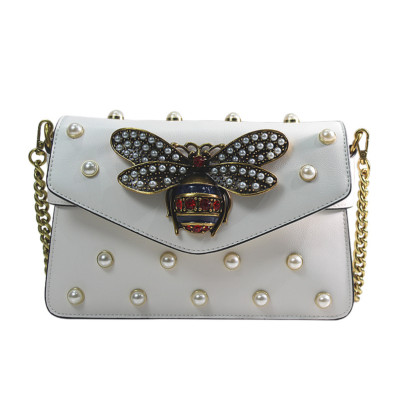 Women's Message bag with bee pattern chain cowhide small square bag portable shoulder bag