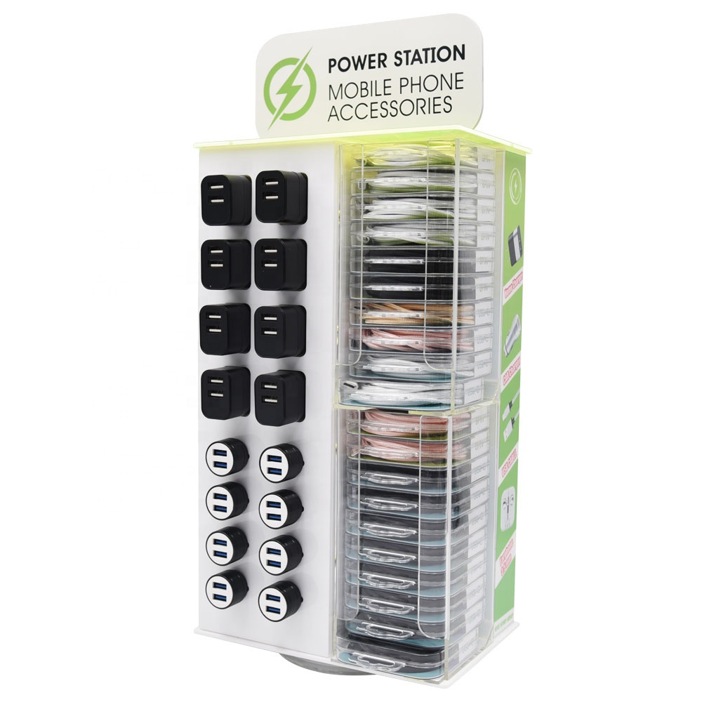 Acrylic Custom Mobile Phone Accessories Counter Display Movable Floor Stand Cellphone Display Charger Cable For Iphone 