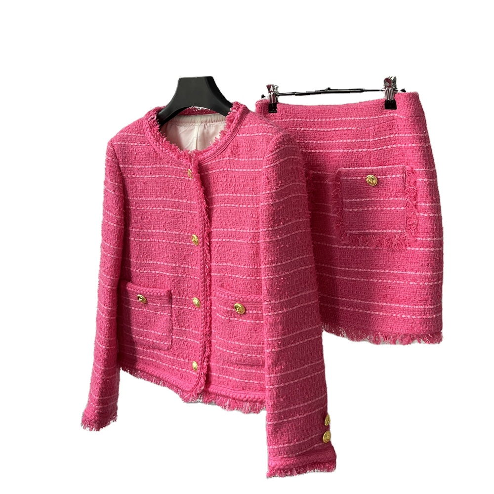 OEM Ladies' Suit Woven Fabric Sustainable Anti-Static Wool Blended 2 Pieces Coat & Skirt Set