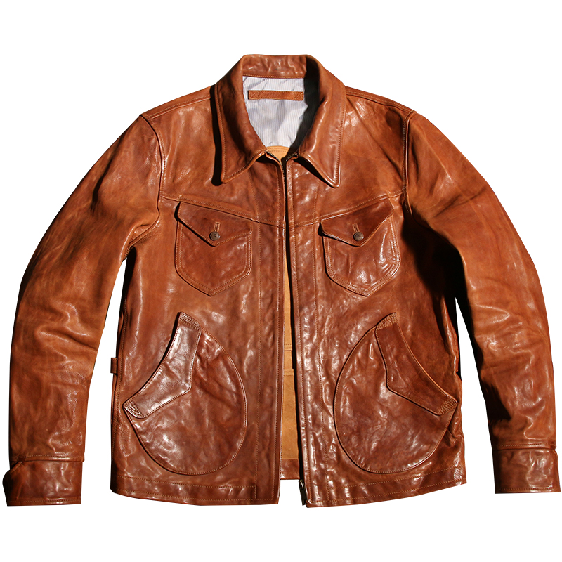 cowhide American vintage farmer jacket lapel do old short leather jacket bomber jacket men