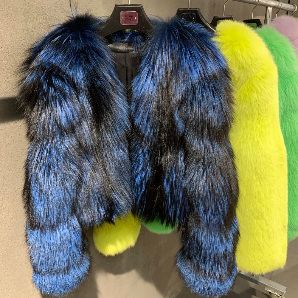 Natural Silver Fox Jacket With Long Sleeve Ladies Real Fox Fur Coat Multi Color