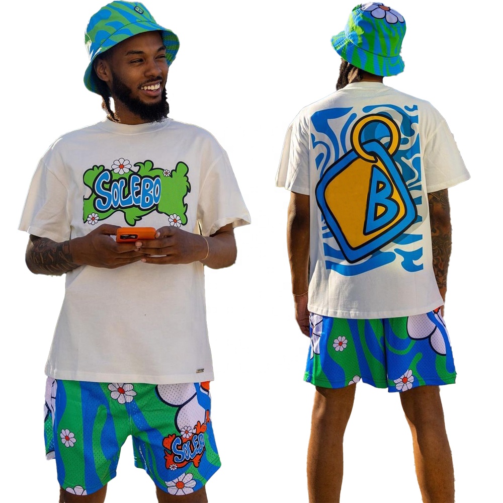 Short Sleeves Cotton Crew Neck T Shirt Digital Printed Fabric Custom Mesh Shorts 2 Piece Men Summer Set 