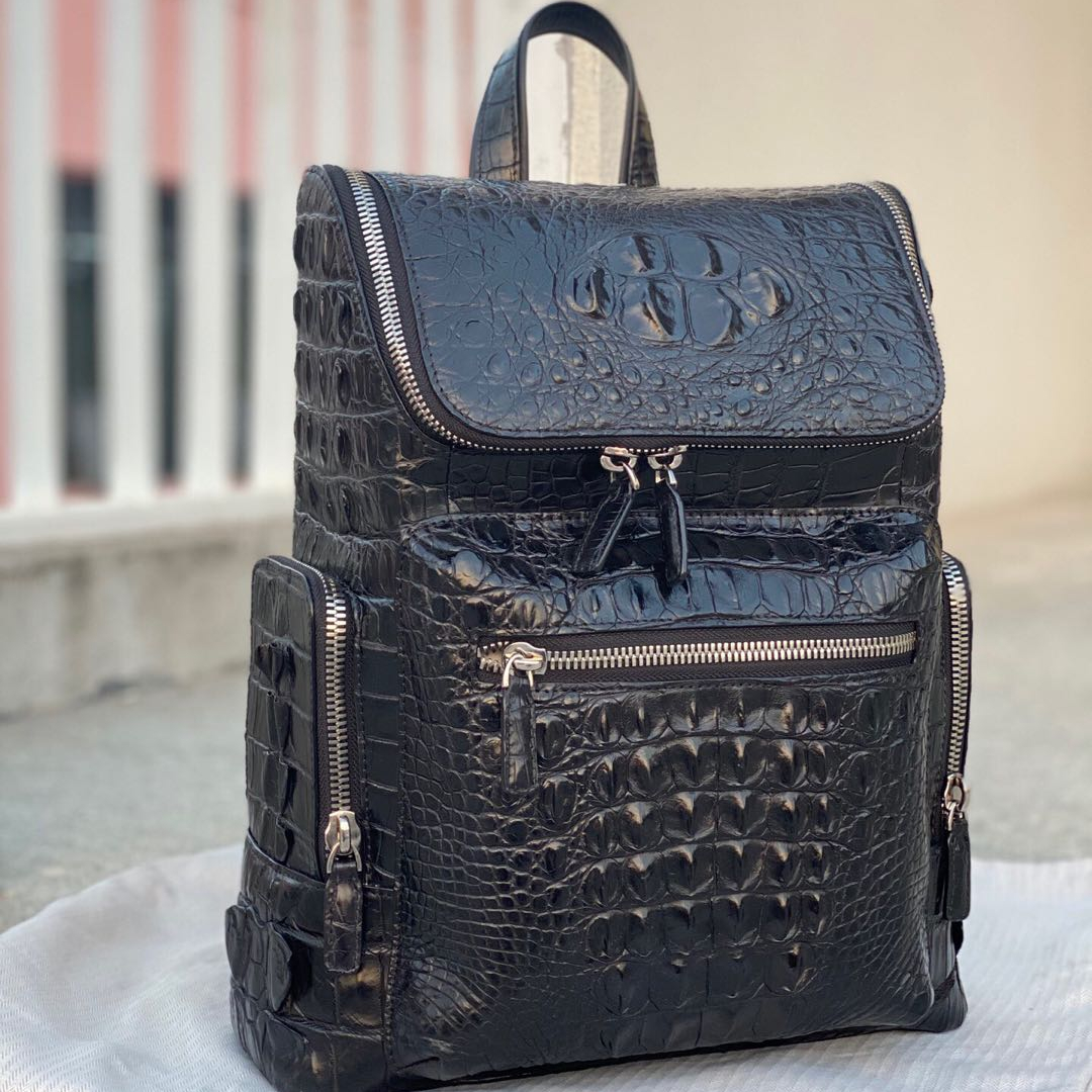 Black Luxury Men's Women's Unisex Business Laptop Genuine Crocodile Leather Backpack Bags 