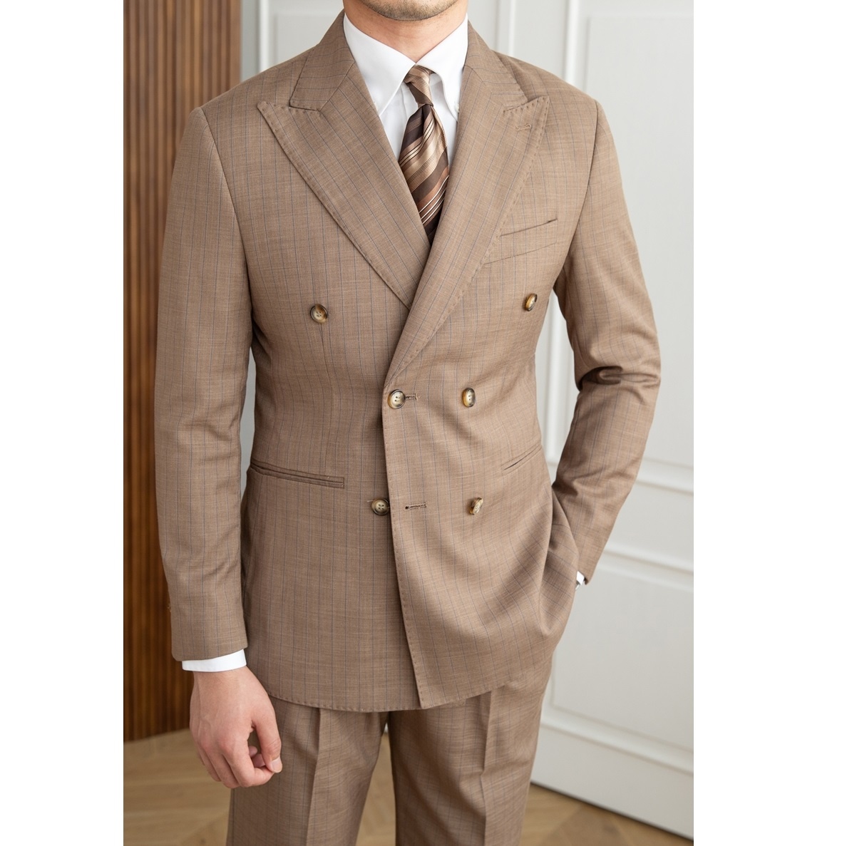 Men 2 Piece Double Breasted Slim Fit Khaki Peaked Lapel Stripped Rolled Cuffs Ready Business Suits 