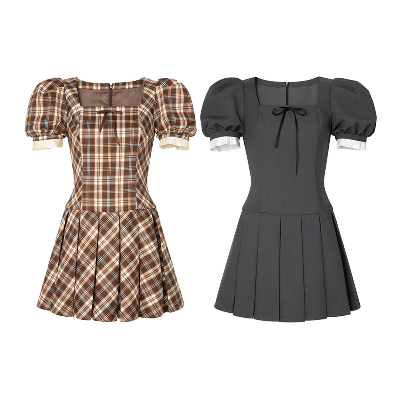 Women Young Girls Summer Dresses Elegant Plaid Simple Design Sweet Retro French Style Casual Puff Sleeve Ladies Square Collar