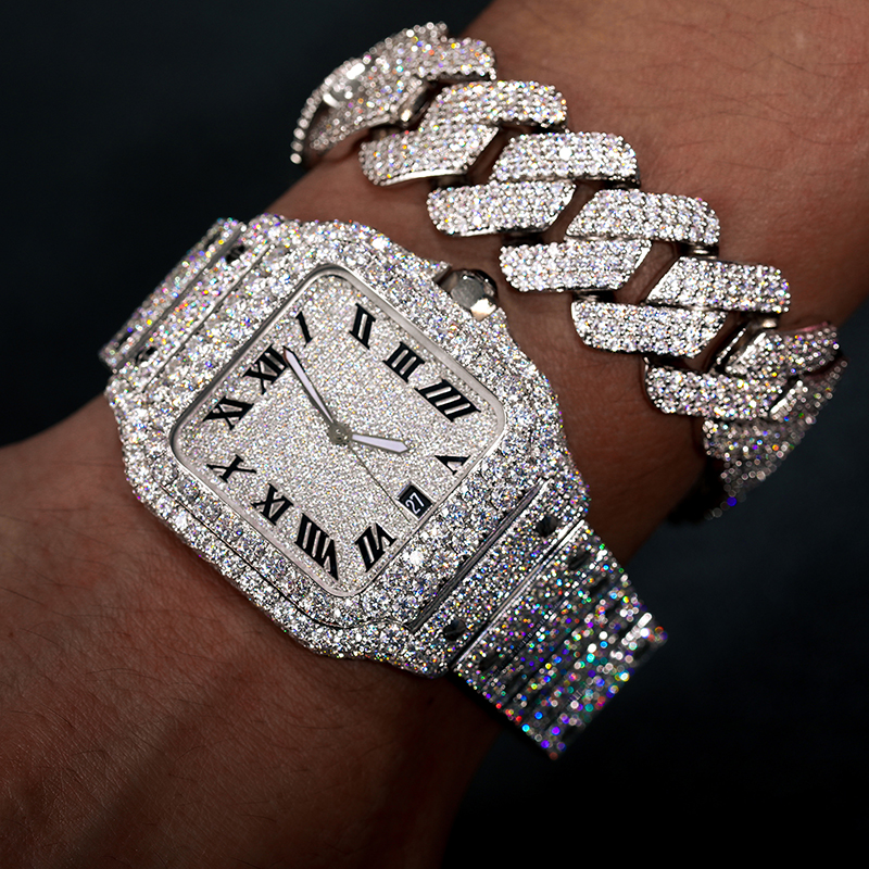 Luxury Customize Iced Out Vvs Moissanite Diamond Hip Hop Mechanical Watch With Gra Certification 