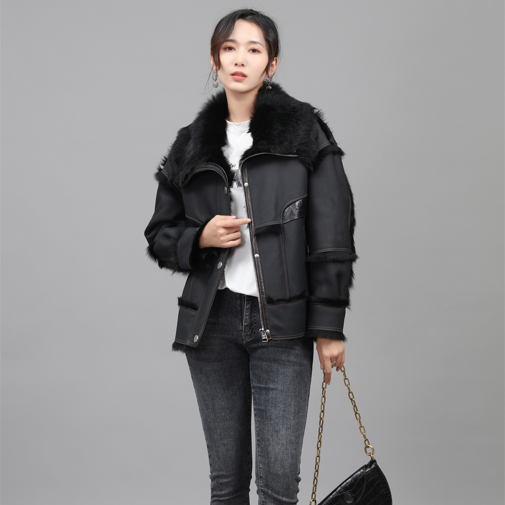 Black Winter Fashion Elegant European Style Ladies Toscana Fur Lamb Sheep Skin Stand Collar Real Fur Coat Women 