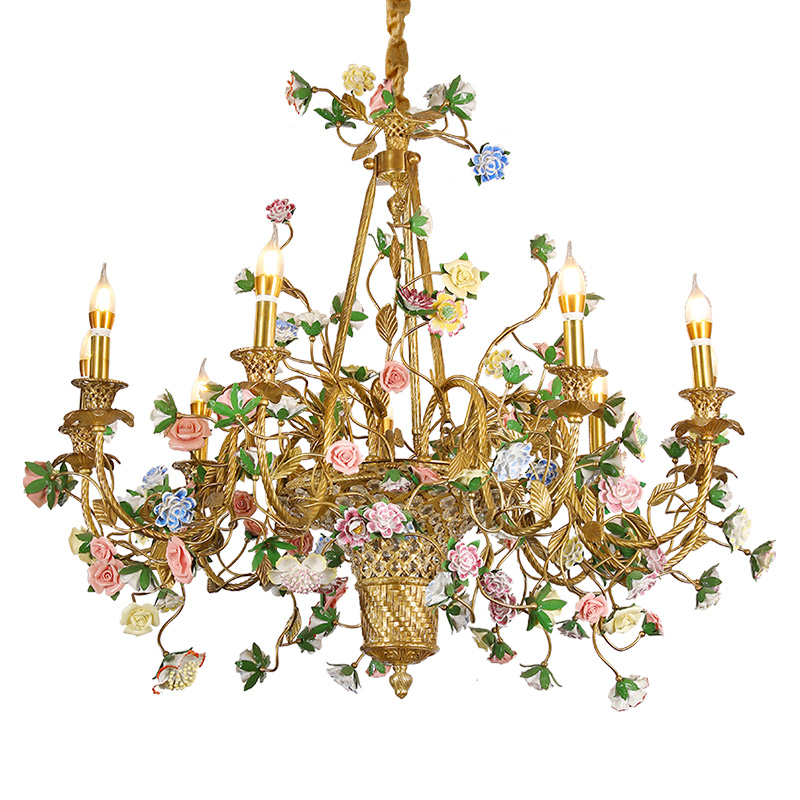 Zhongshan Factory European Style Brass Led Pendant Light With Porcelain Flowers Luxury Chandelier 