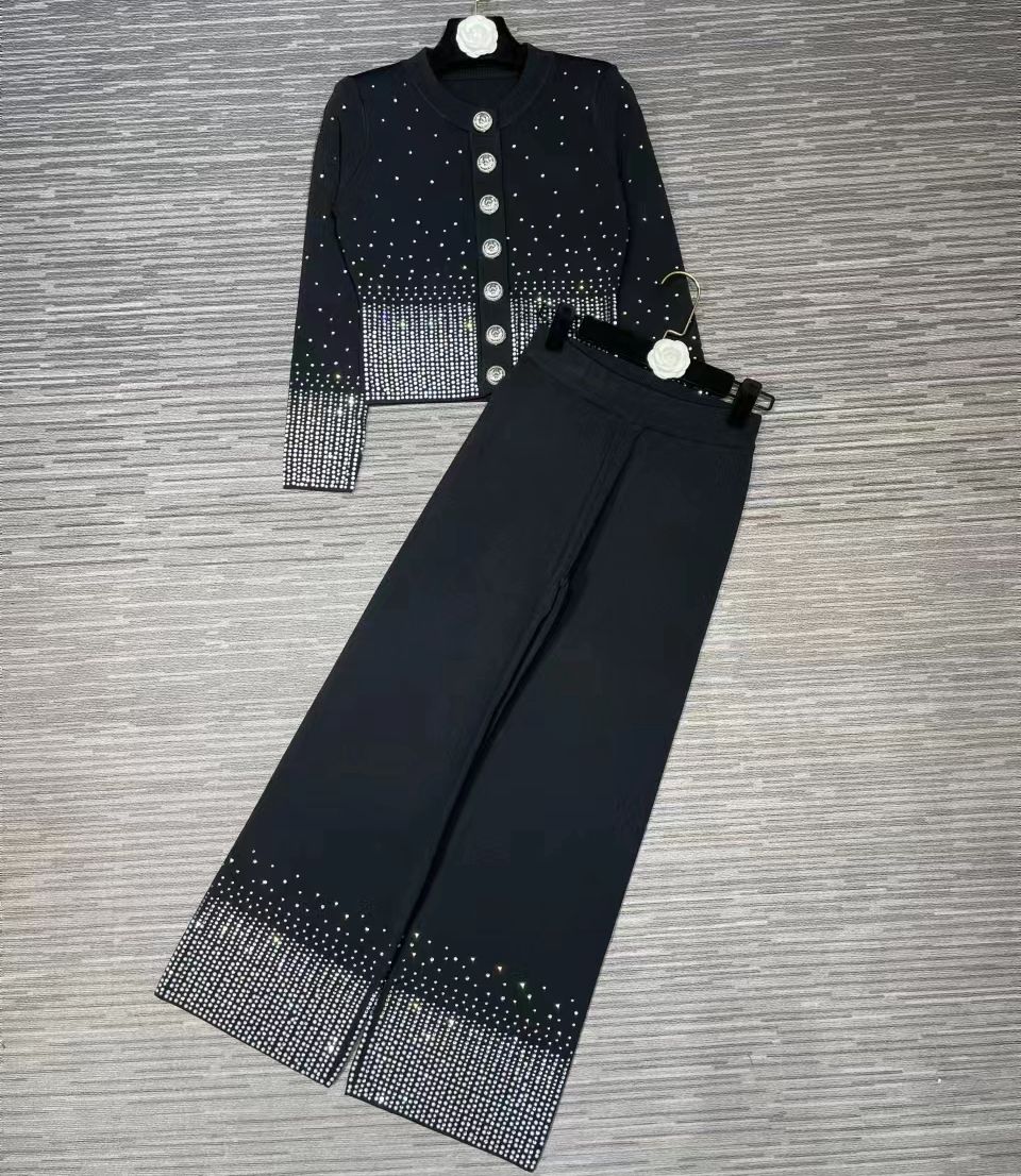 2023 High-quality Women's New Autumn And Winter Diamonds In Solid Color Gradient Long-sleeved Two-piece Set 