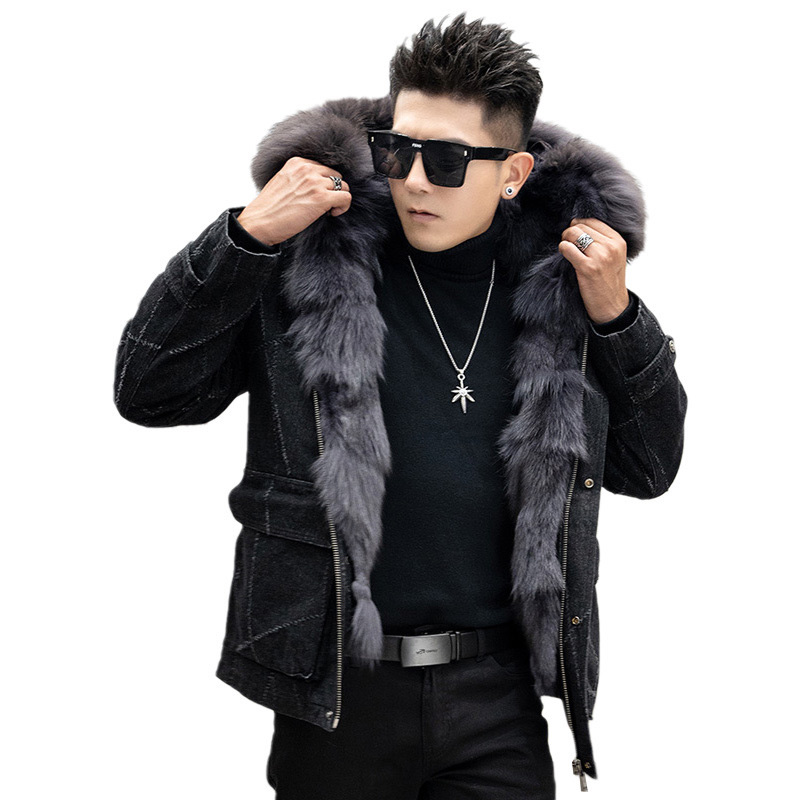 High Quality Winter Men Fox Fur Collar Denim Jacket Genuine Fur Jacket Men's Parka 