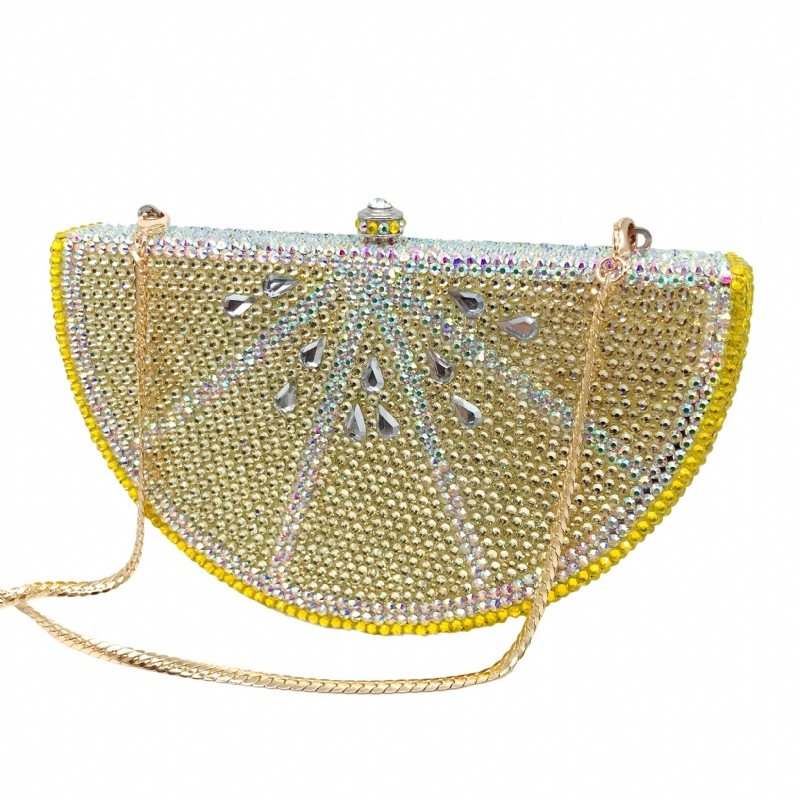 Lemon shape diamond dinner clutch foreign trade banquet fashion bag flat diamond Women's bag