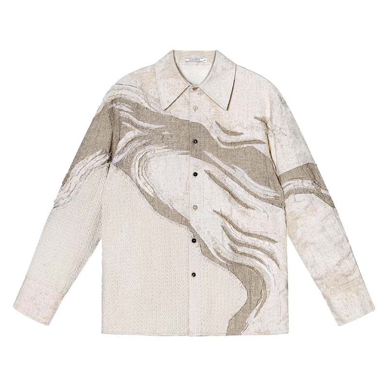 Valleyouth Wheat Field Vintage Cotton And Hemp Jacquard Abstract Texture Raw Edge Patched Loose Shirt 