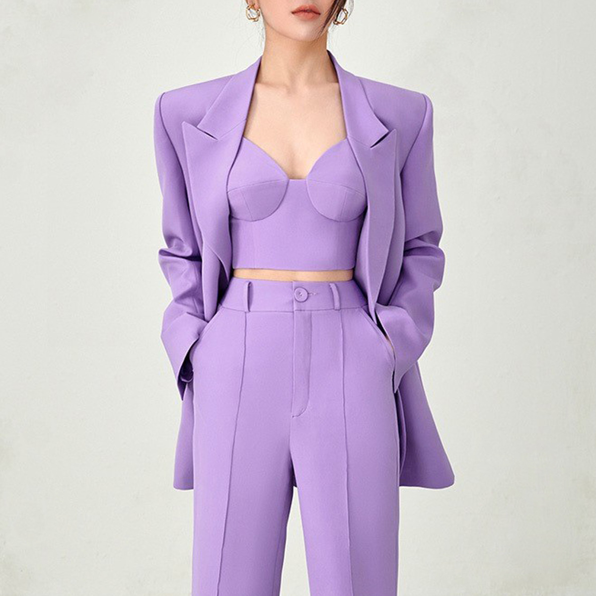 Latest Fashion Cotton Solid Color Blazer Set For Women 3 Piece Set Office Outfit Double Breasted Office Suits Set For Women 