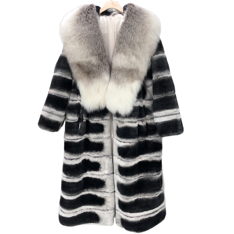 High Quality hot sale luxury winter women Genuine dyed chinchilla rex rabbit x-long fur coat with fox fur collar