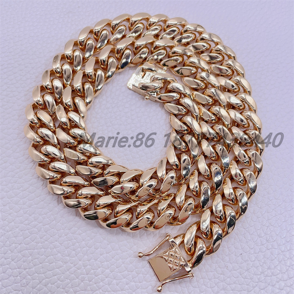 Iced Out Jewelry For Man Luxury Real Gold Necklace 12mm Width Miami Cuban Link Chain 14k Gold
