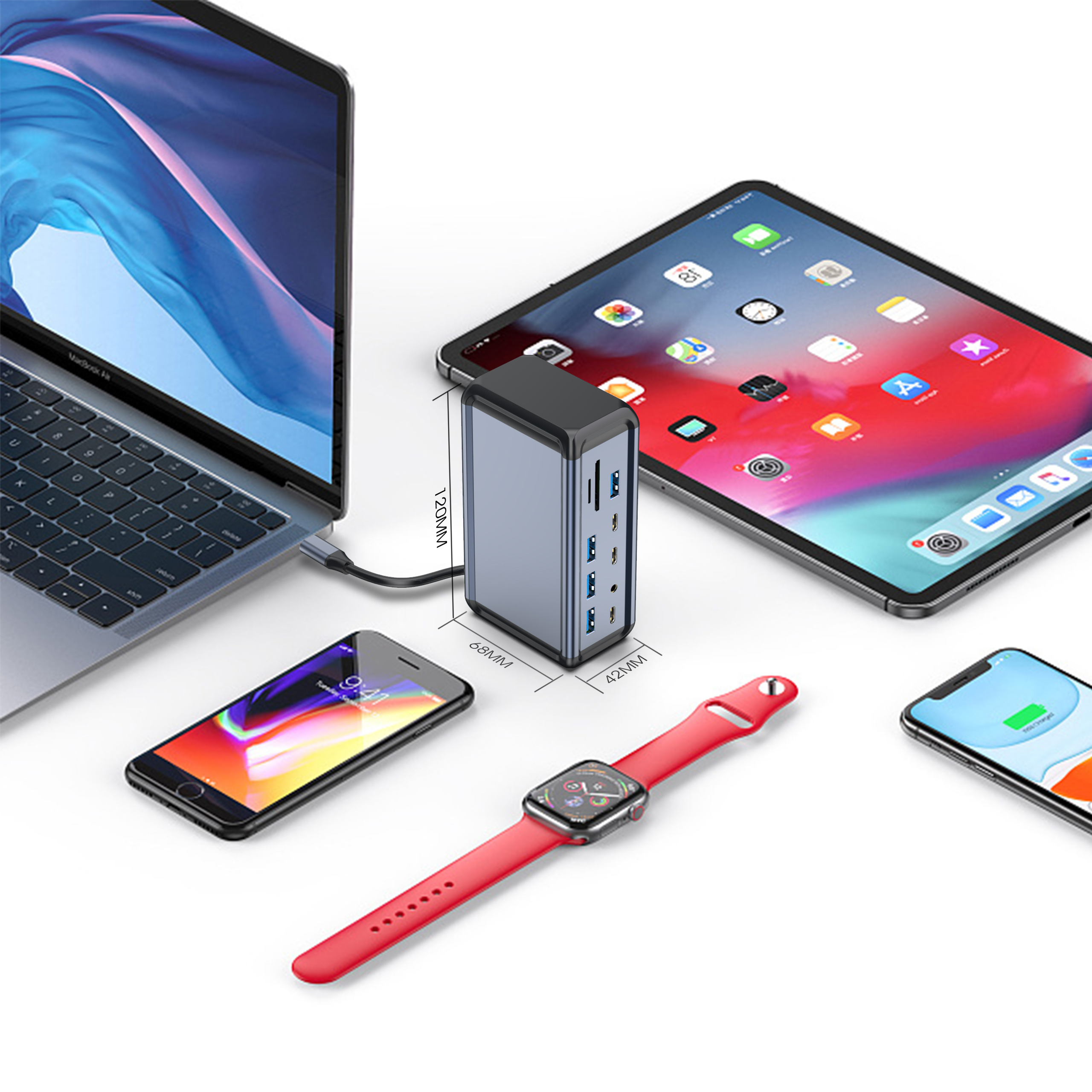 16 ports Aluminum Powered 5Gbps HUB PD Charger USB 3.2 Type C Card Reader Splitter With Power Adapter for MacBook Accessories